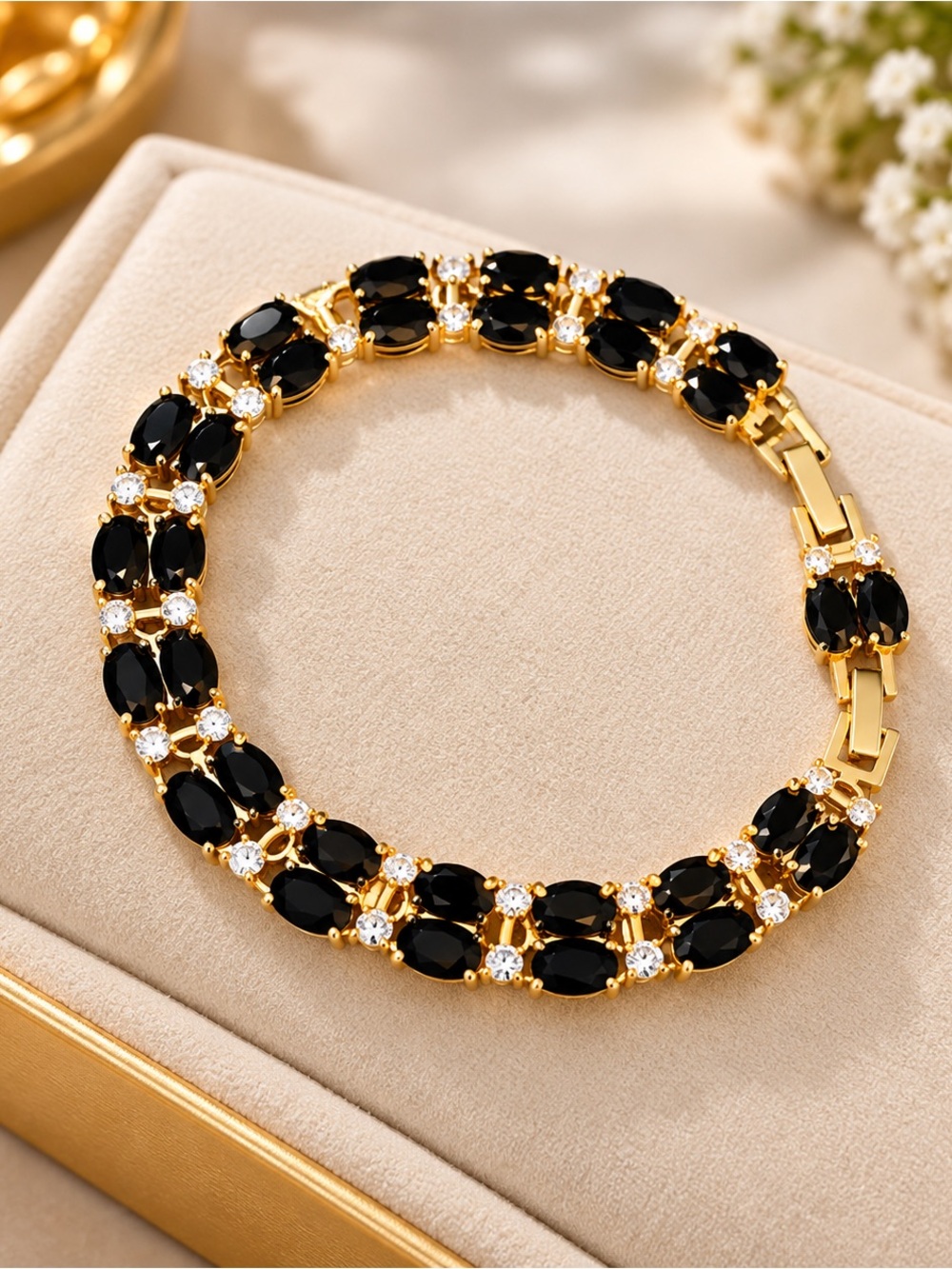 14K Gold Filled Black Oval Stone Bracelet with Crystal Accents 7-8”